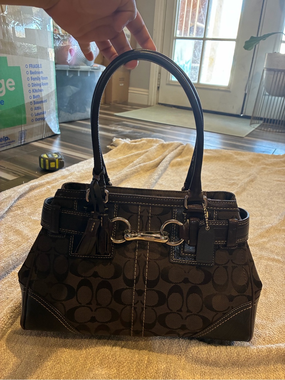 Coach Dark Brown Signature Canvas Shoulder Bag with Leather Trim